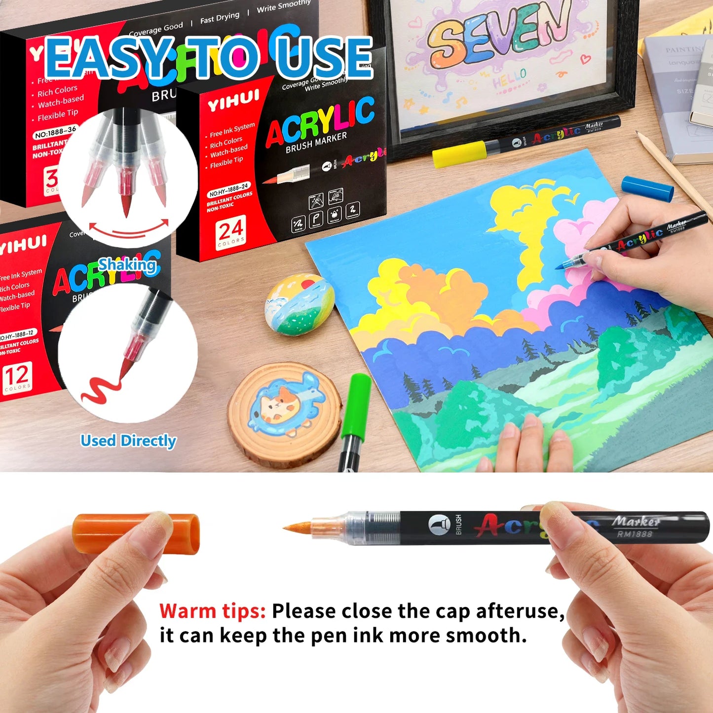 Acrylic brush markers in various sets, used for painting on wood, stone, and paper.