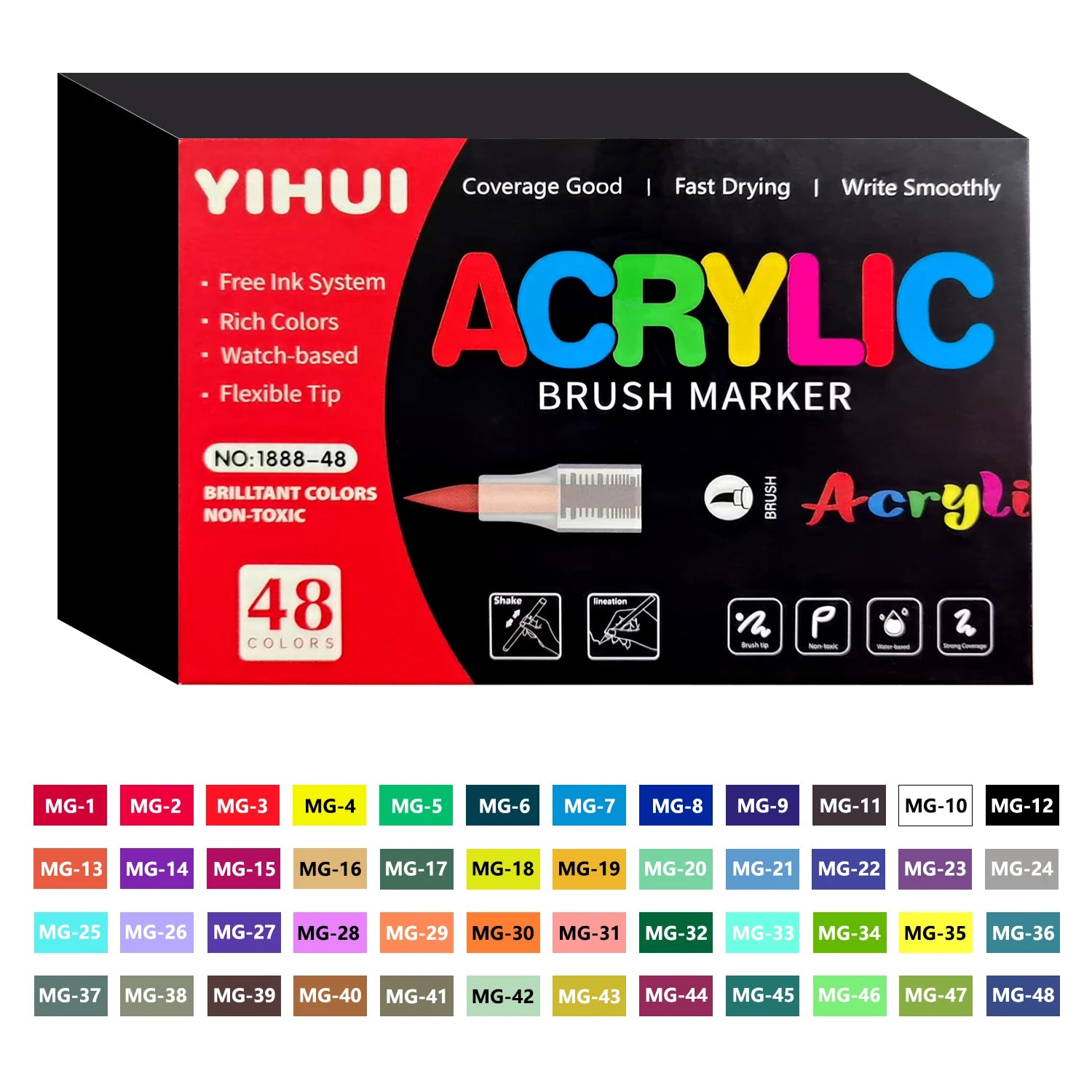 YIHUI 48-color acrylic brush marker set for drawing on stone, wood, and glass.