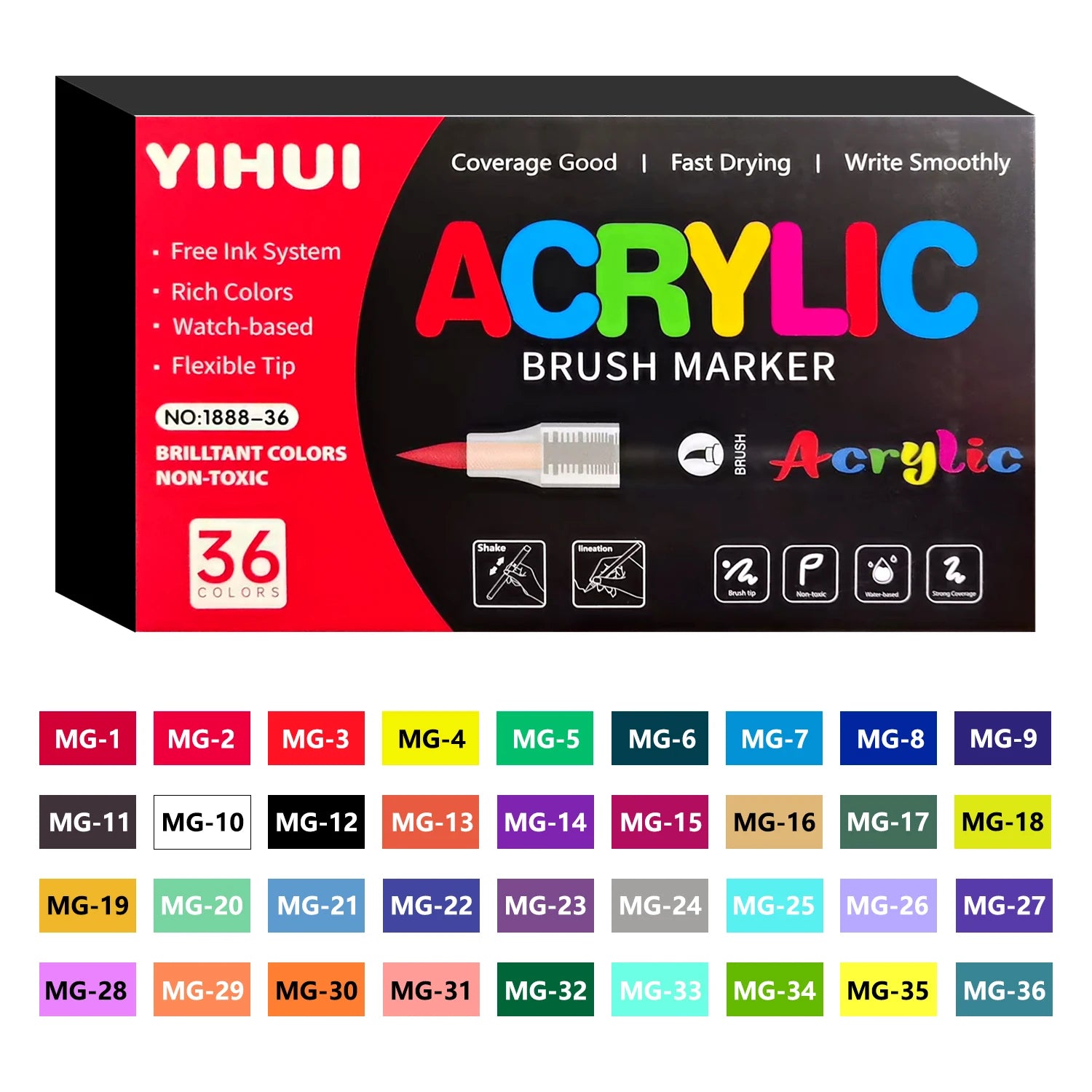 YIHUI 36-color acrylic brush marker set with a flexible tip, ideal for various surfaces.