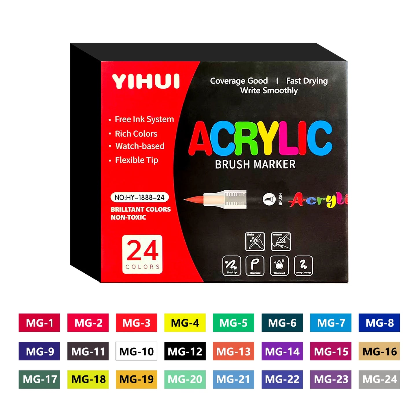 YIHUI 24-color acrylic brush marker set for drawing on stone, wood, and glass.
