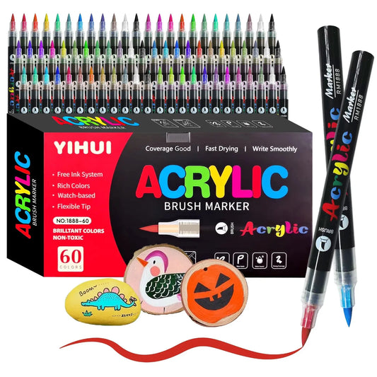 Acrylic brush markers in a 60-color set, with examples on wood slices and a rock.