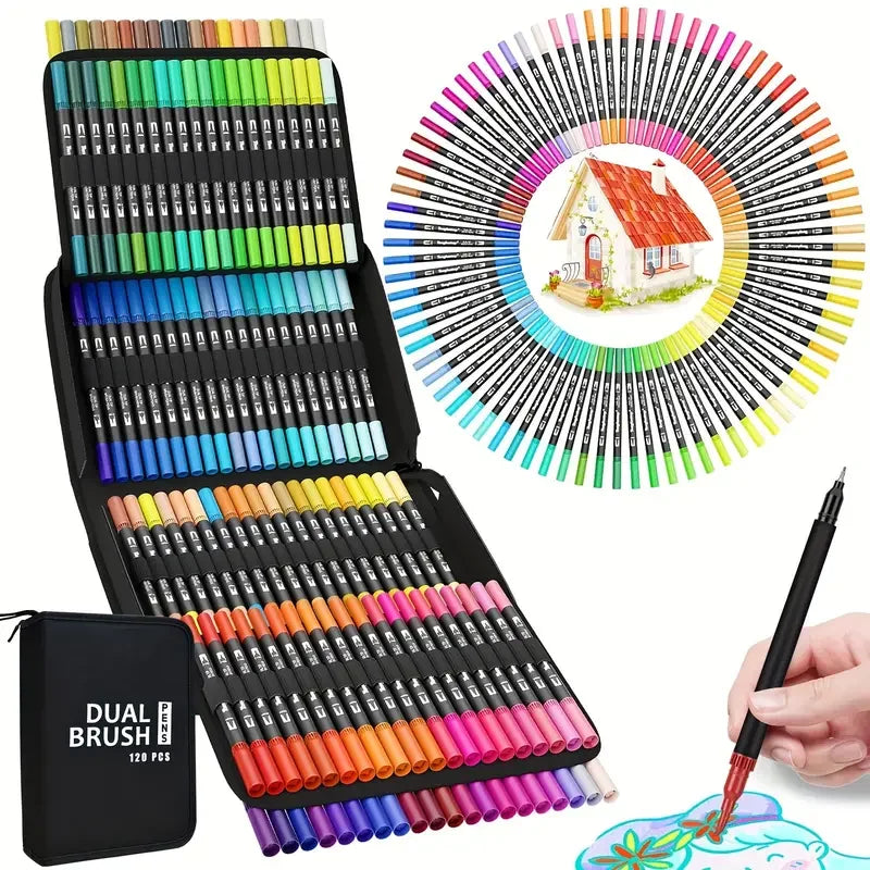 Colorful dual-tip brush pens in a black case, with a rainbow fan of pens around a house illustration.