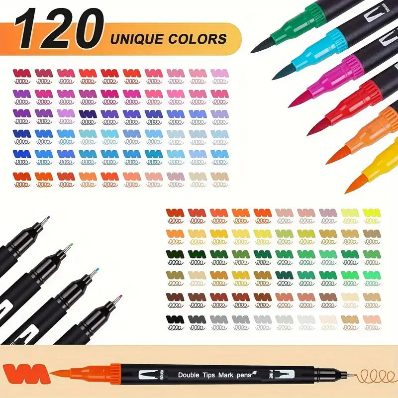 120 dual-tip art markers with brush and fine tips, shown with color swatches and individual pens.