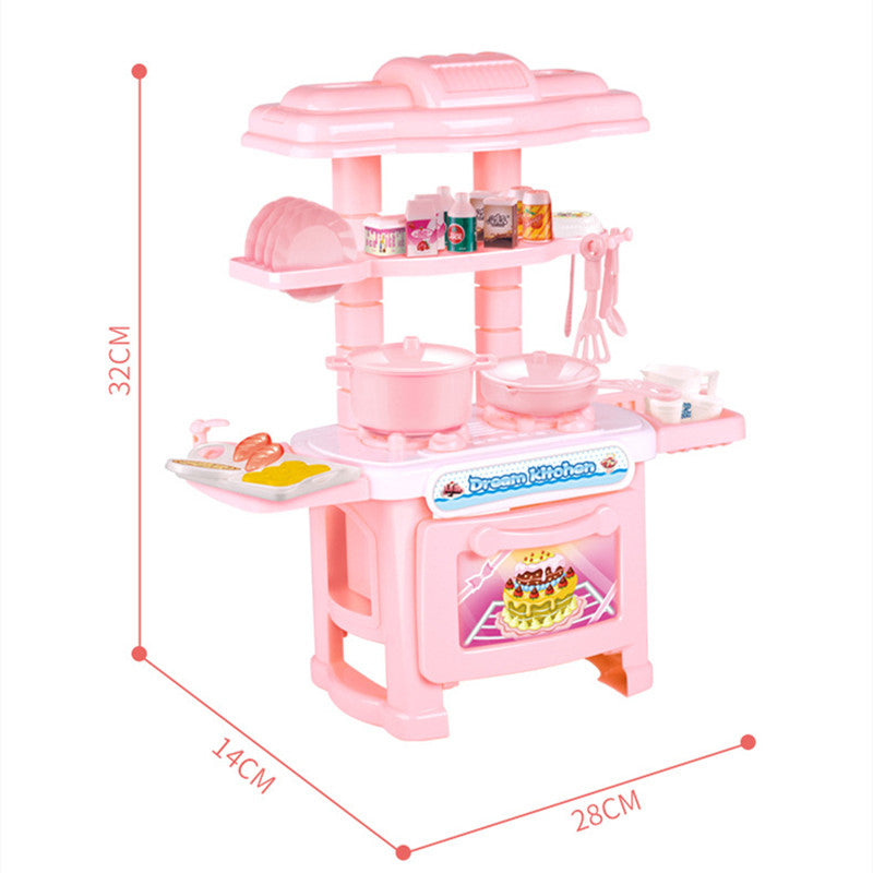 Pink plastic toy kitchen set for kids, with stove, oven, pots, pans, and play food.