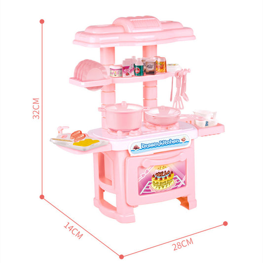 Pink plastic miniature kitchen playset for kids, featuring stove, oven, sink, pots, pans, and accessories.