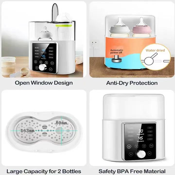 White smart baby bottle warmer with digital display, open window design, and dual bottle capacity.