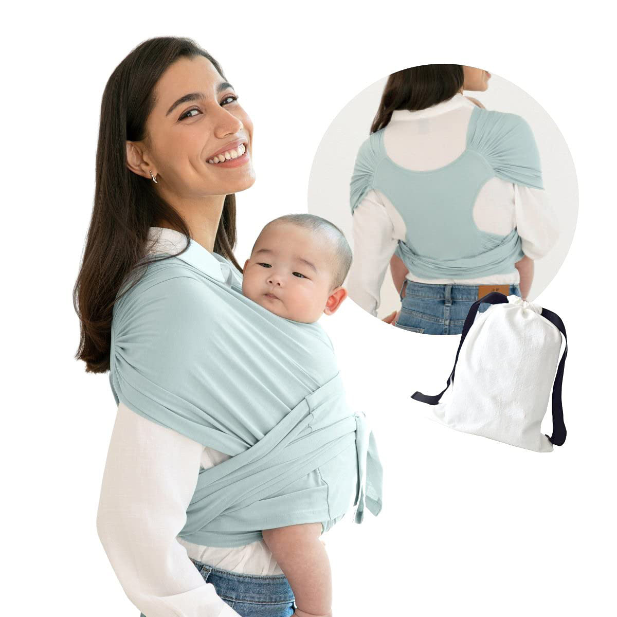Smiling woman carrying baby in light blue ergonomic X-type cotton baby carrier, with back view and storage bag.