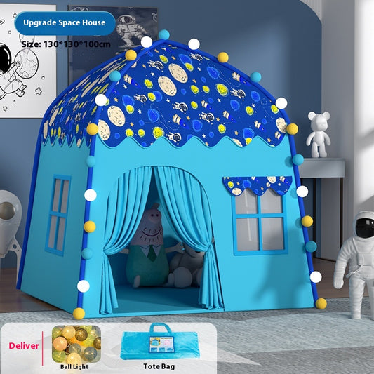 Blue space-themed play tent for kids, 130x130x100cm, with windows, curtains, and decorative balls.