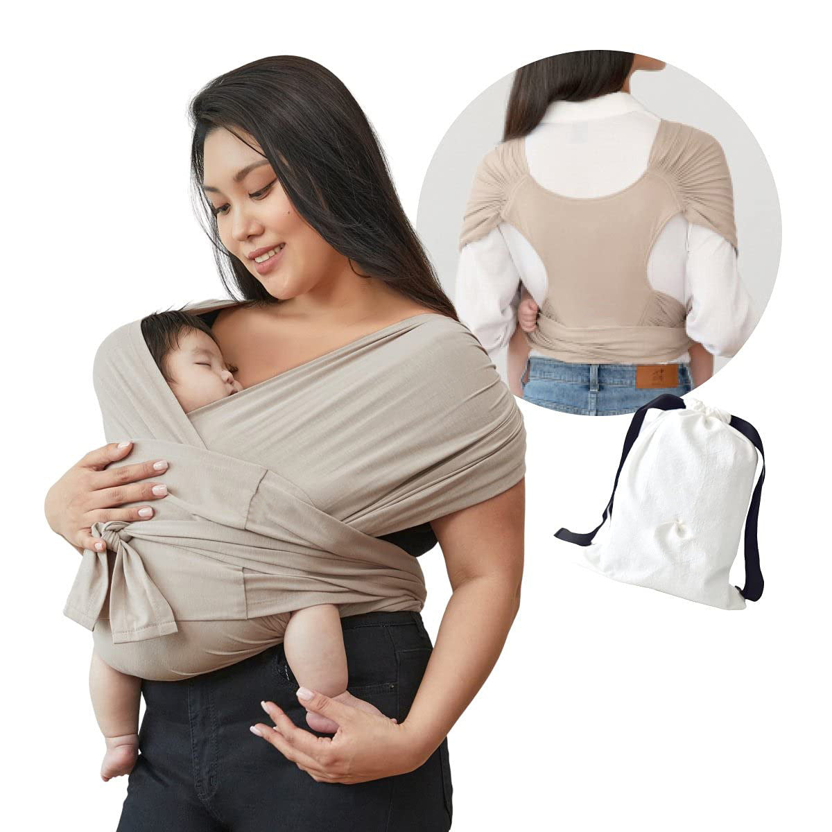 Woman holding sleeping baby in a beige cotton X-type ergonomic baby carrier, with back view and storage bag.