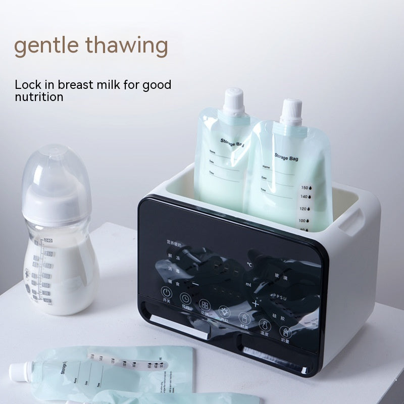 White electric baby bottle warmer with digital display, holding two breast milk storage bags, next to a baby bottle.