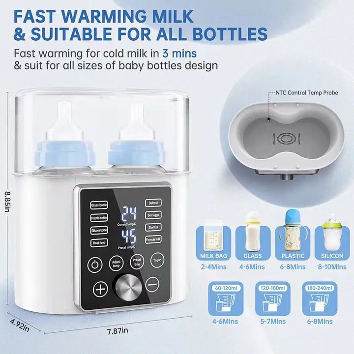 White smart baby bottle warmer with dual compartments, digital display, and blue-capped bottles.
