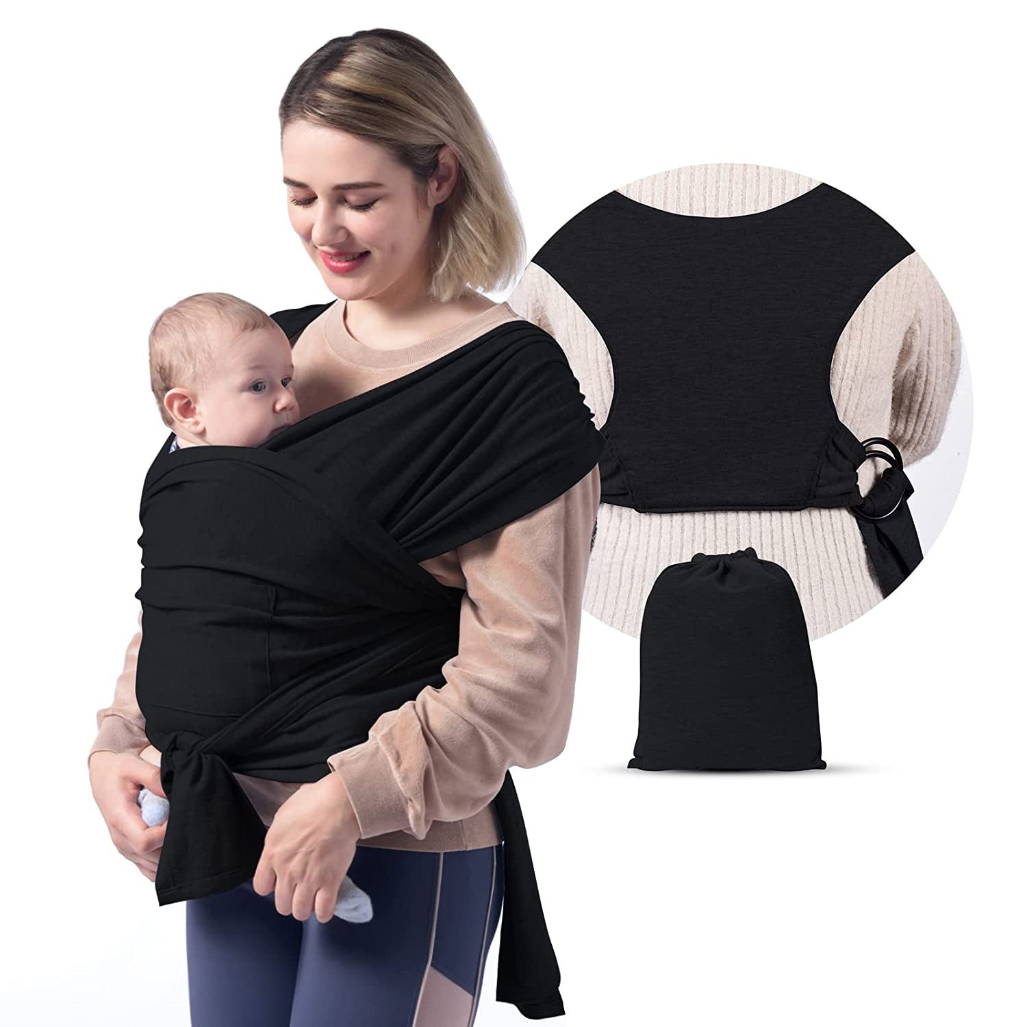 Woman wearing a black cotton X-type ergonomic baby carrier, with a close-up of the carrier and its storage bag.