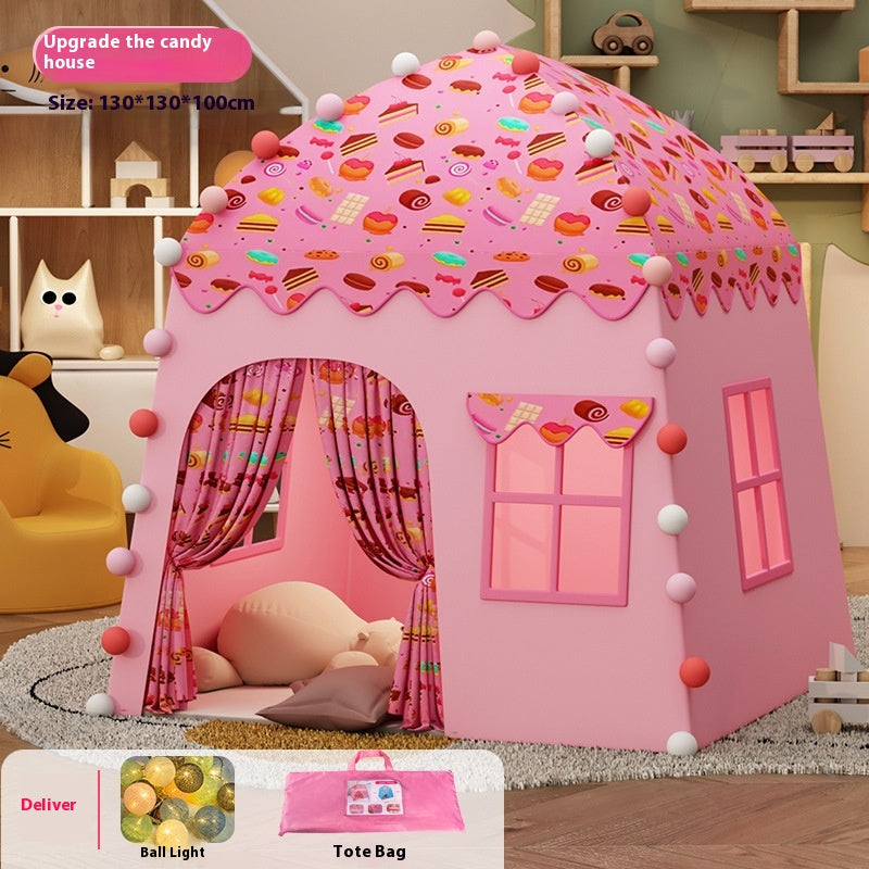 Pink candy house play tent with LED lights, a castle design, and a tote bag.