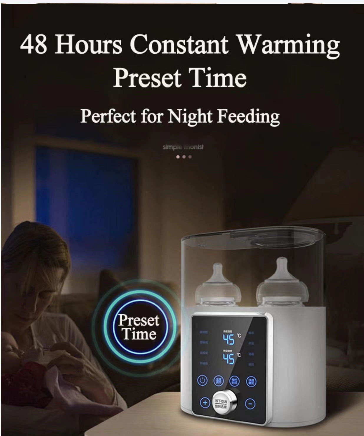 White smart baby bottle warmer with digital display, keeping milk at a constant temperature for night feeding.