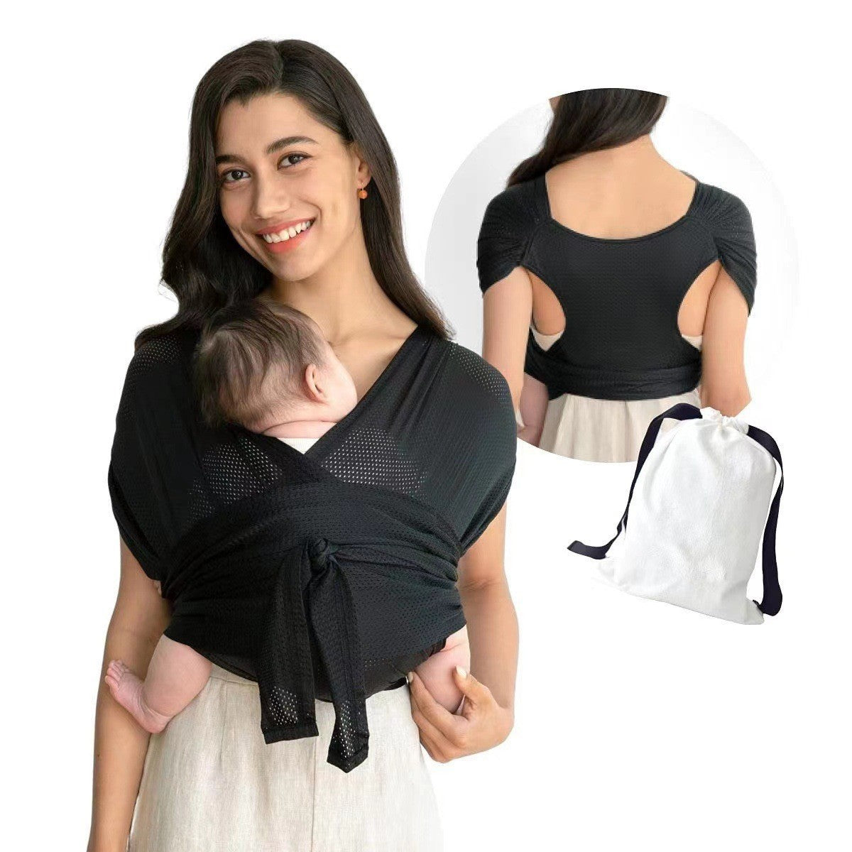 Smiling woman wearing a black X-type ergonomic baby carrier with breathable mesh, holding a baby. Inset shows back view and white storage bag.