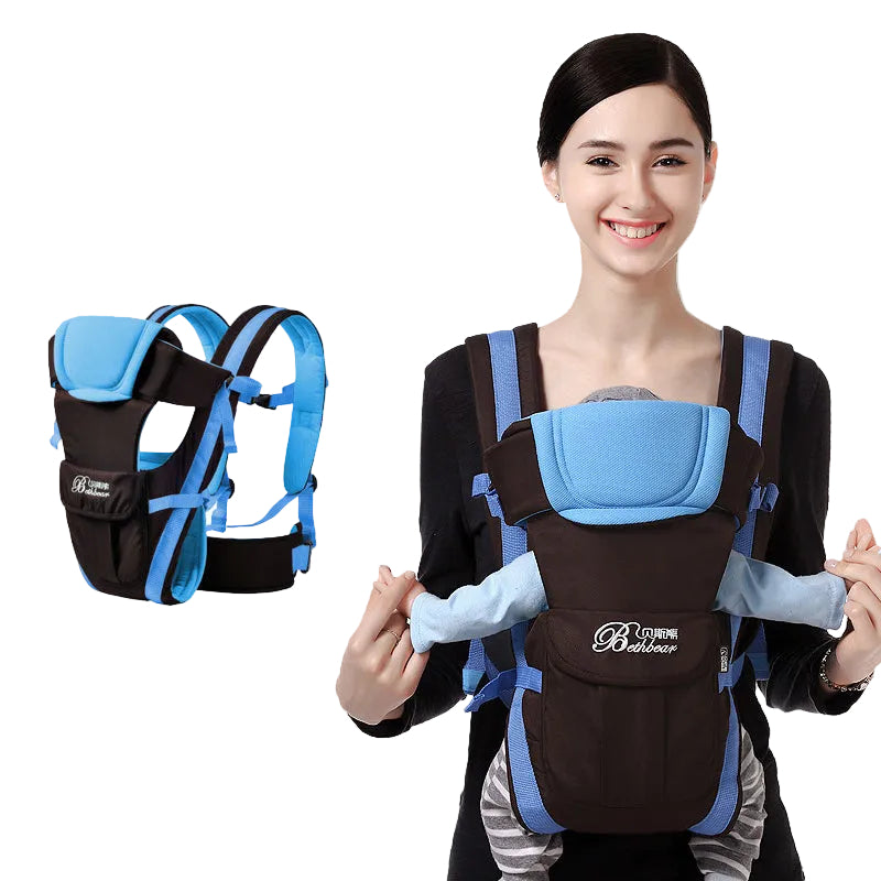 Ergonomic black and blue baby carrier with breathable fabric, worn by a smiling woman.