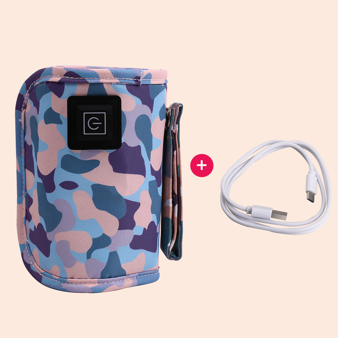 Portable baby bottle warmer sleeve in blue/pink camouflage with USB cable.
