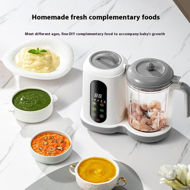 White and gray baby food maker steaming shrimp, surrounded by bowls of pureed baby food.