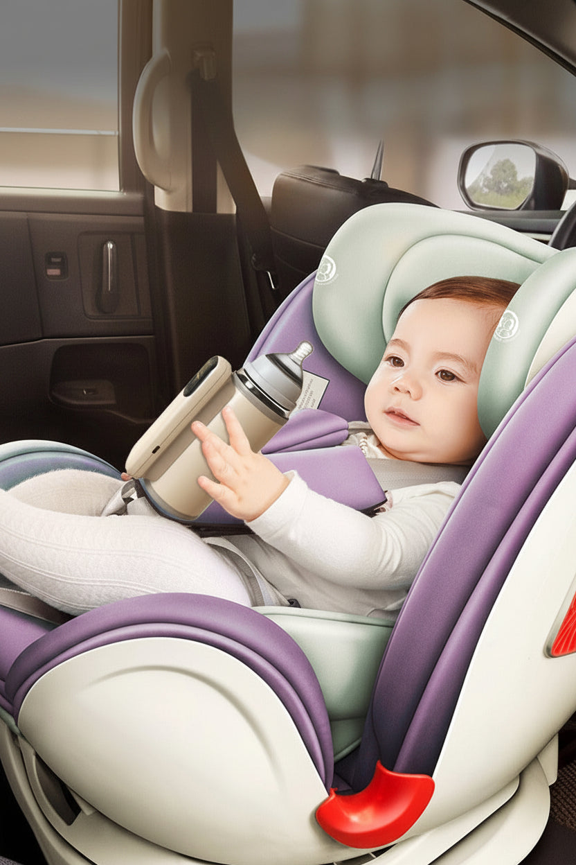 Baby in a car seat holding a portable beige bottle warmer with an 8000mAh battery.