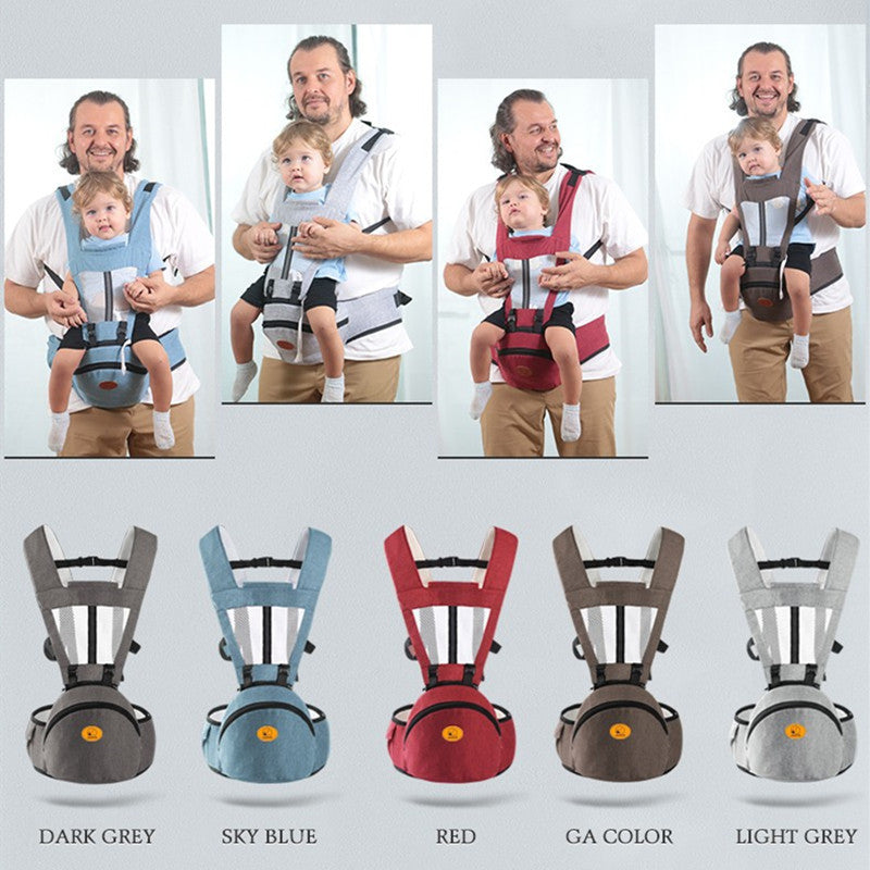 Ergonomic baby waist carrier in dark grey, sky blue, red, brown, and light grey, shown with a baby.