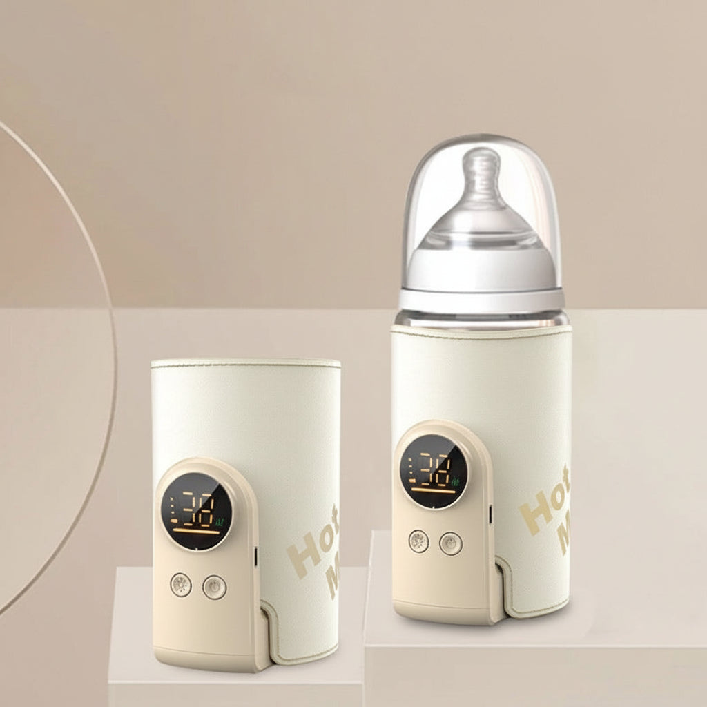 Portable smart baby bottle warmer in cream with digital display, shown empty and with a bottle.