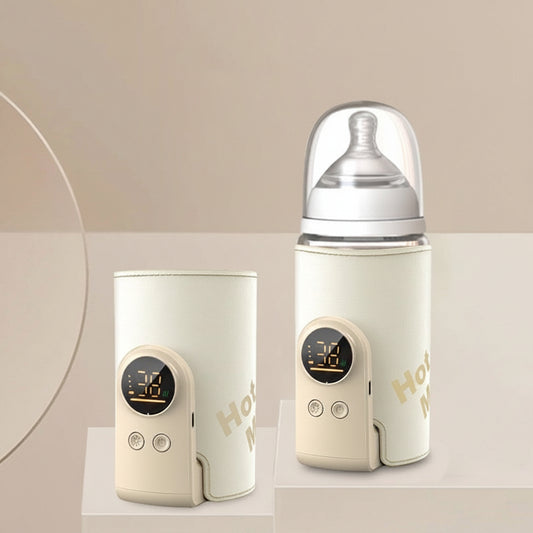 Portable smart baby bottle warmer in cream with digital display, shown empty and with a bottle.