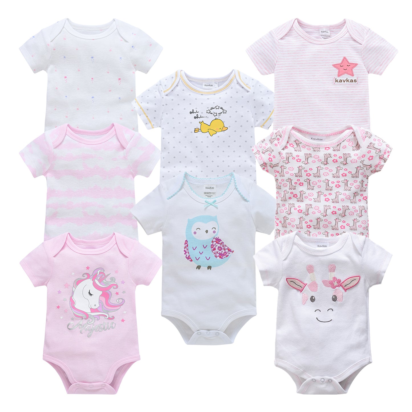 Nine short-sleeve baby bodysuits in white and pink with various cartoon prints like unicorns, owls, and giraffes.