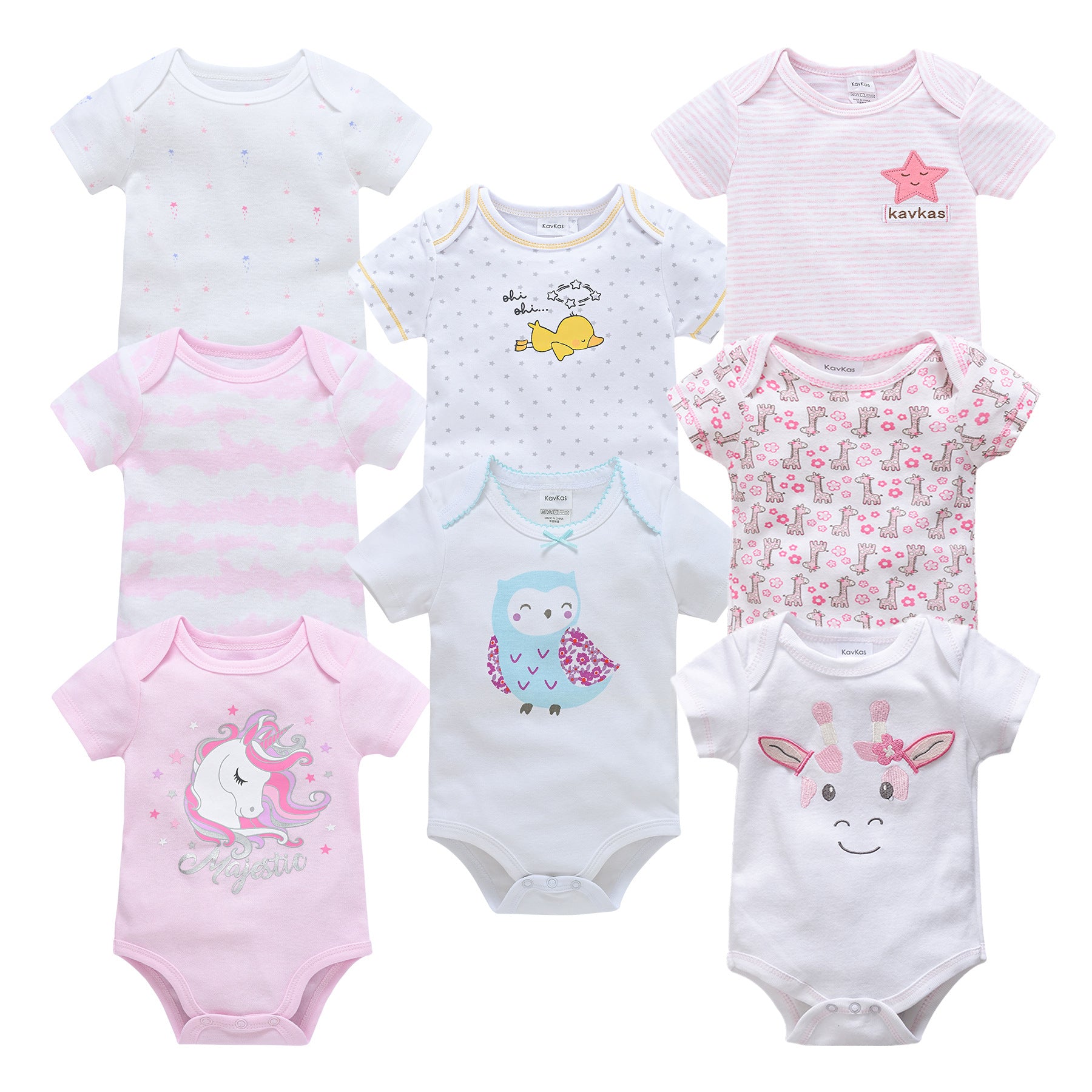Nine short-sleeve baby bodysuits in white and pink with various cartoon prints like unicorns, owls, and giraffes.