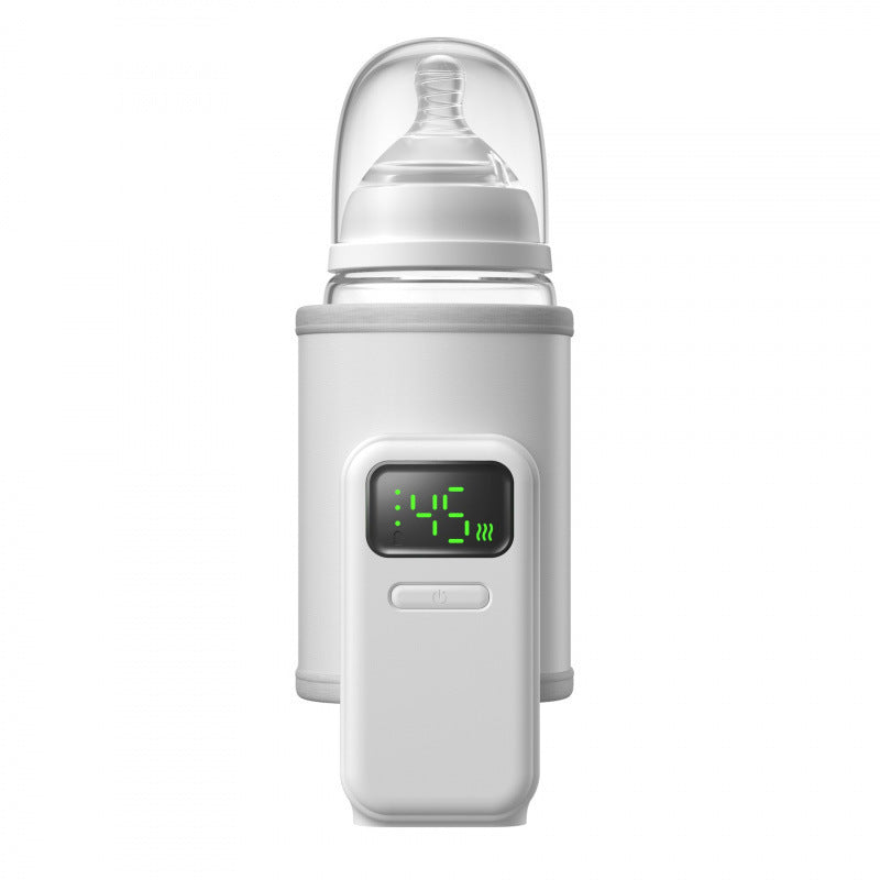 White portable USB baby bottle warmer with digital display showing temperature and controls.