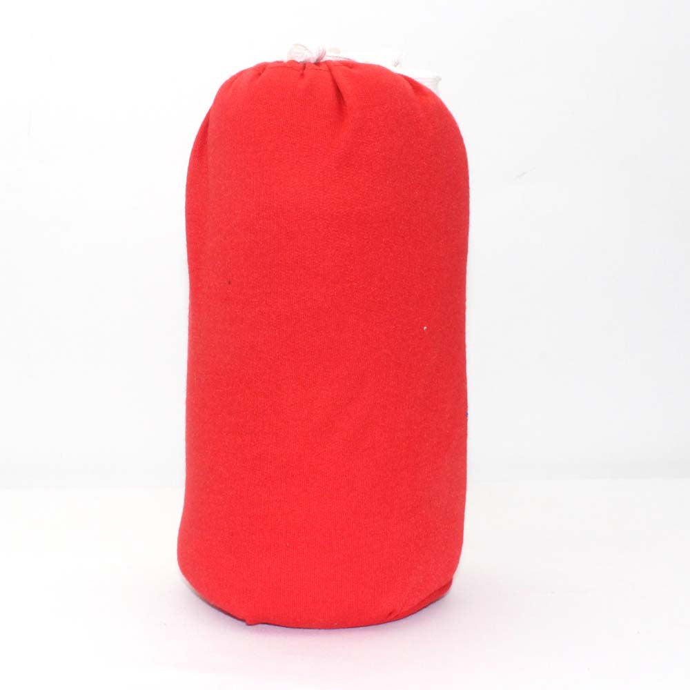 Rolled red cotton baby wrap carrier, soft and breathable, for ergonomic infant support.