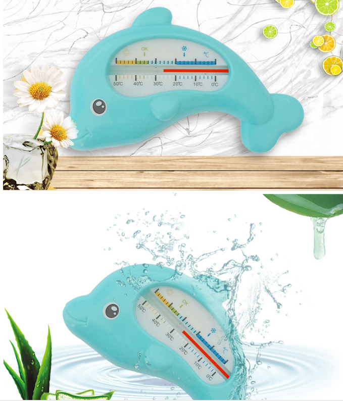 Cute blue dolphin baby bath water thermometer with clear temperature scale.