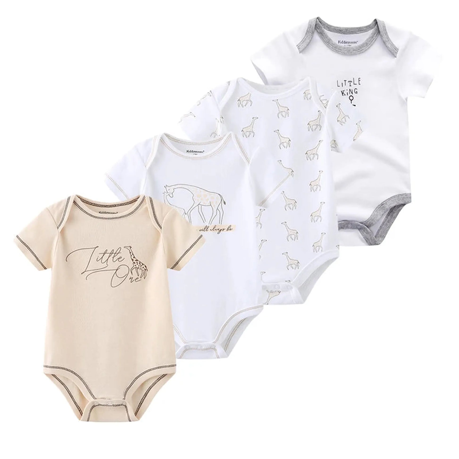 Four white and beige cotton short-sleeve baby bodysuits with cute giraffe animal prints and text.