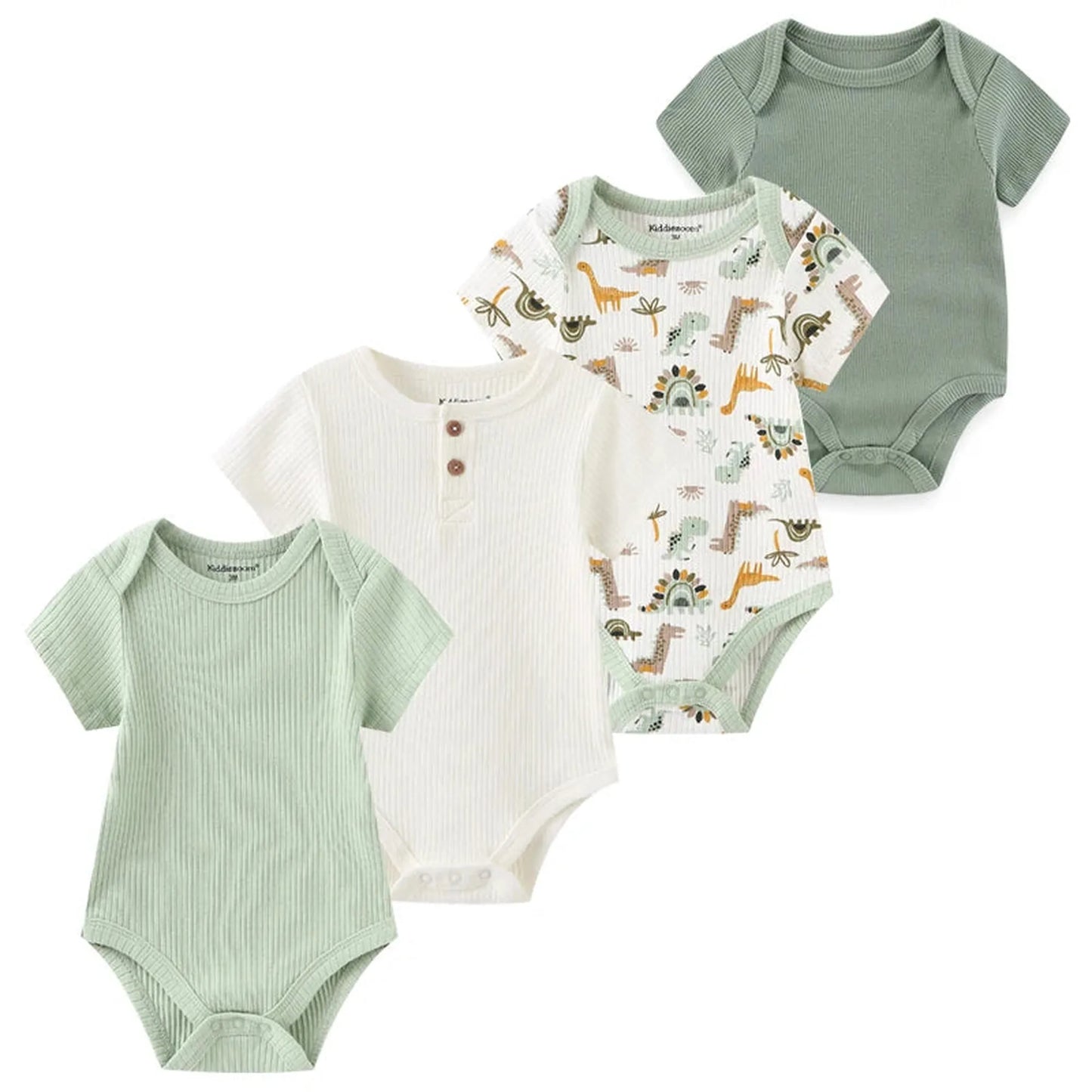 Four short-sleeve baby bodysuits: two ribbed sage green, one ribbed off-white with buttons, and one white with dinosaur print.