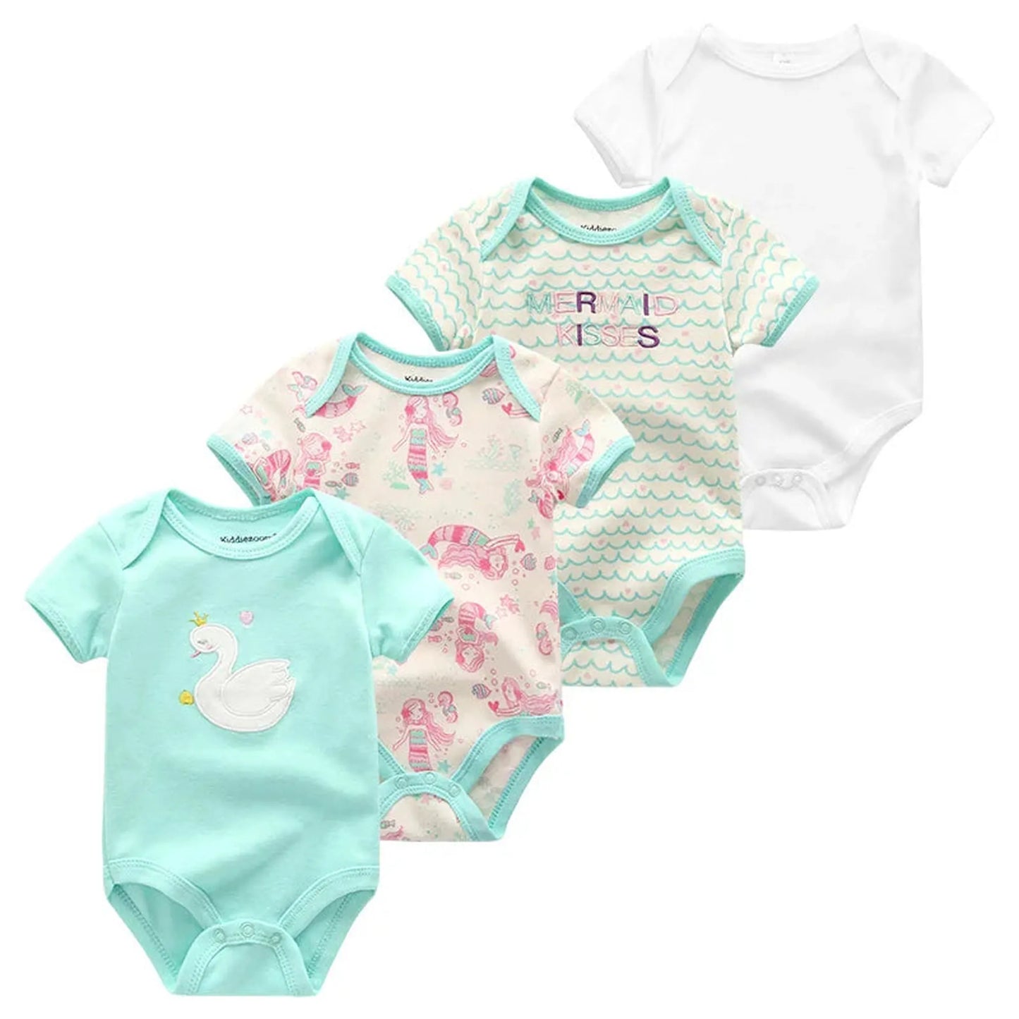 Four short-sleeve cotton baby bodysuits: white, mint green with swan, and two mermaid-themed prints.