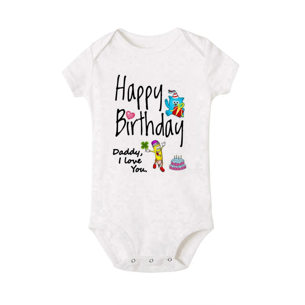 White short-sleeve baby bodysuit with "Happy Birthday Daddy, I love You" text and colorful cartoon graphics.