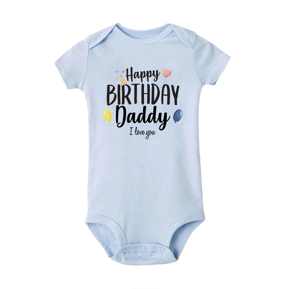 Light blue baby bodysuit with "Happy Birthday Daddy I love you" text and balloons.