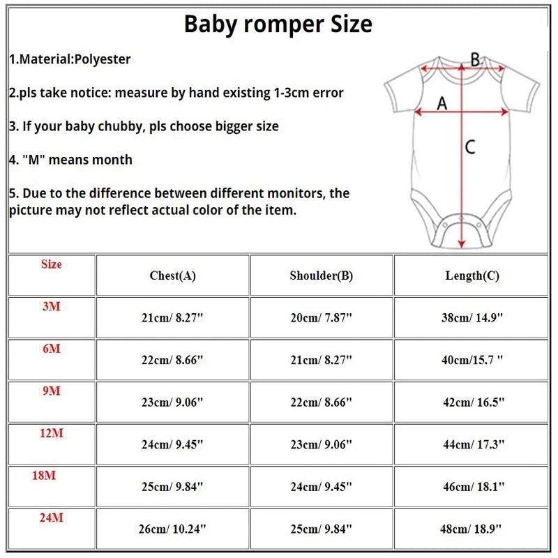 Baby romper size chart with chest, shoulder, and length measurements in cm and inches for 3-24 months.