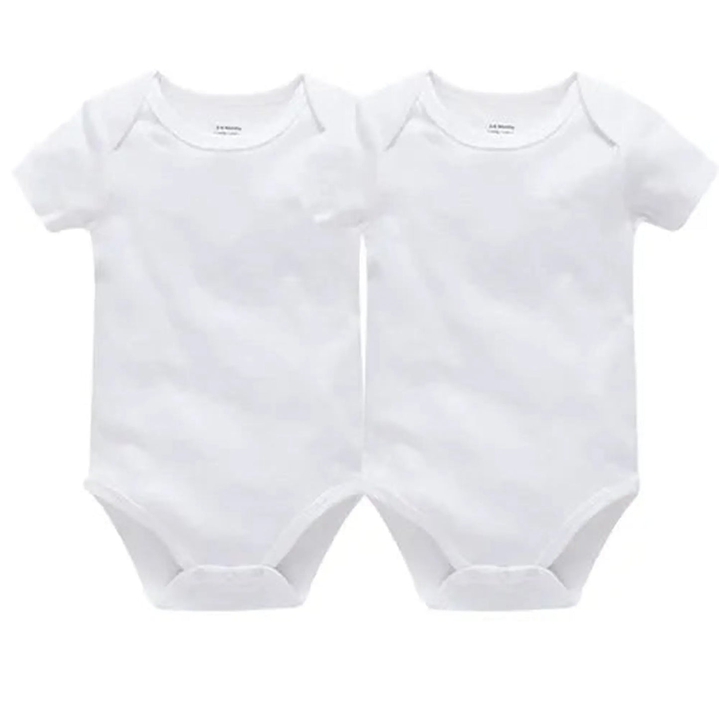 Two white short-sleeve cotton baby bodysuits with snap closures, perfect for everyday wear.