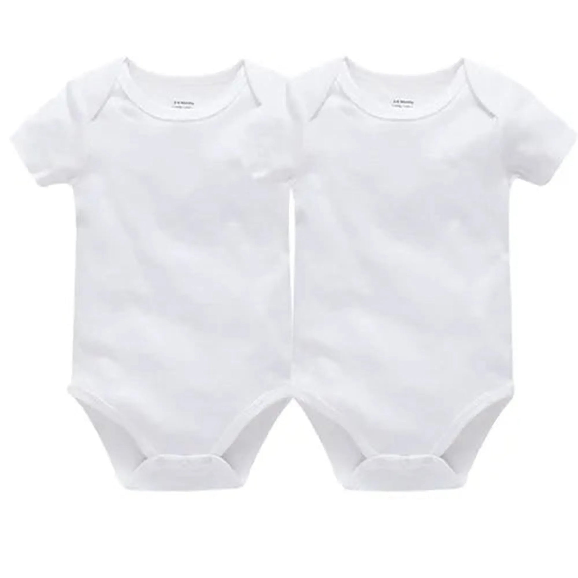 Two white short-sleeve cotton baby bodysuits with snap closures, perfect for everyday wear.