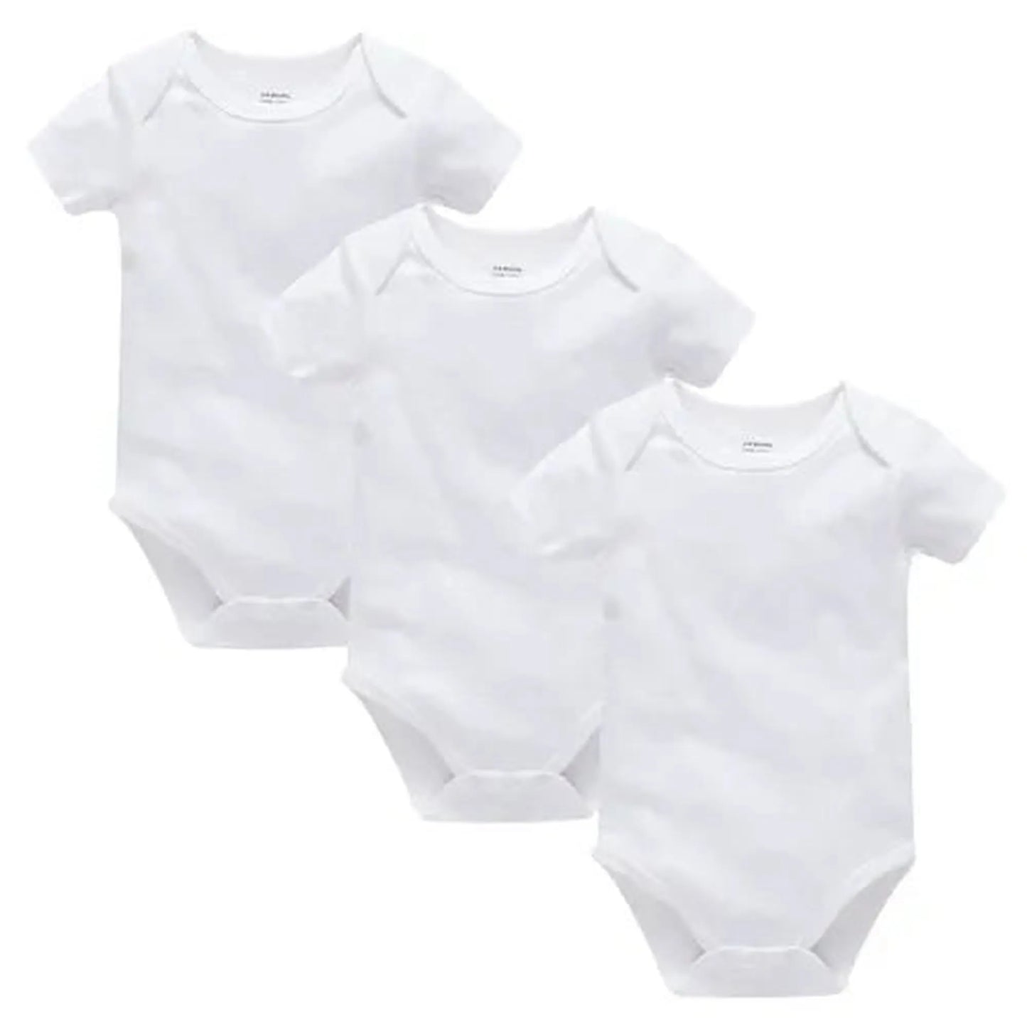 Three white short-sleeve cotton baby bodysuits with snap closures, perfect for everyday wear.