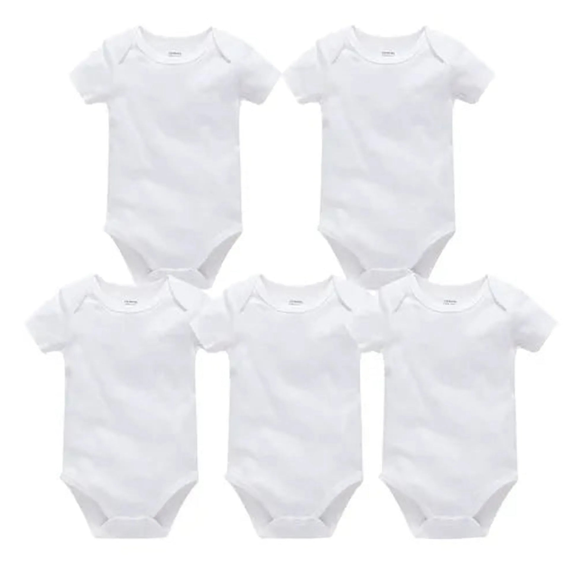 Five white short-sleeve cotton baby bodysuits with snap closures, perfect for everyday wear.