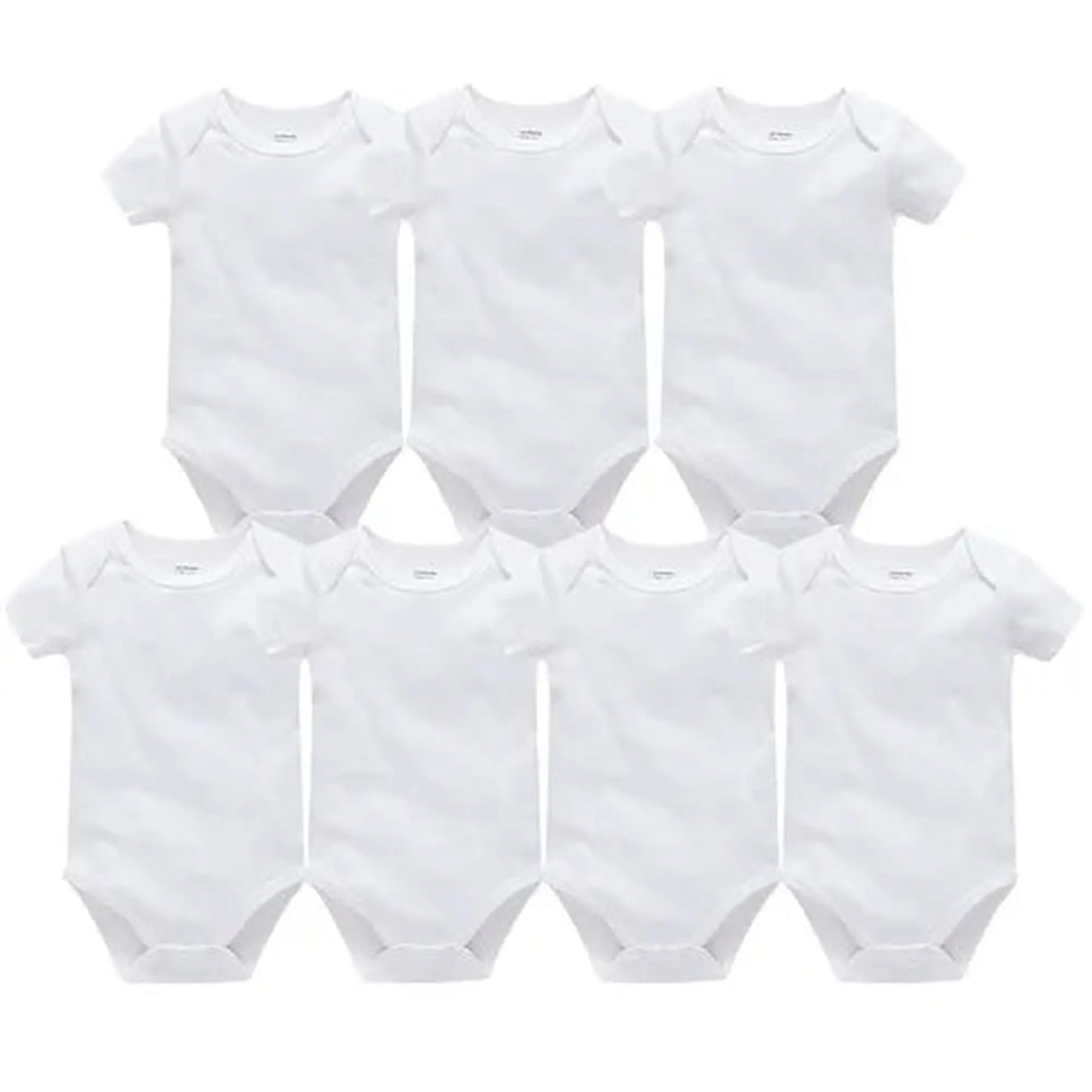 Seven white short-sleeve cotton baby bodysuits with snap closures, suitable for 0-24 months.