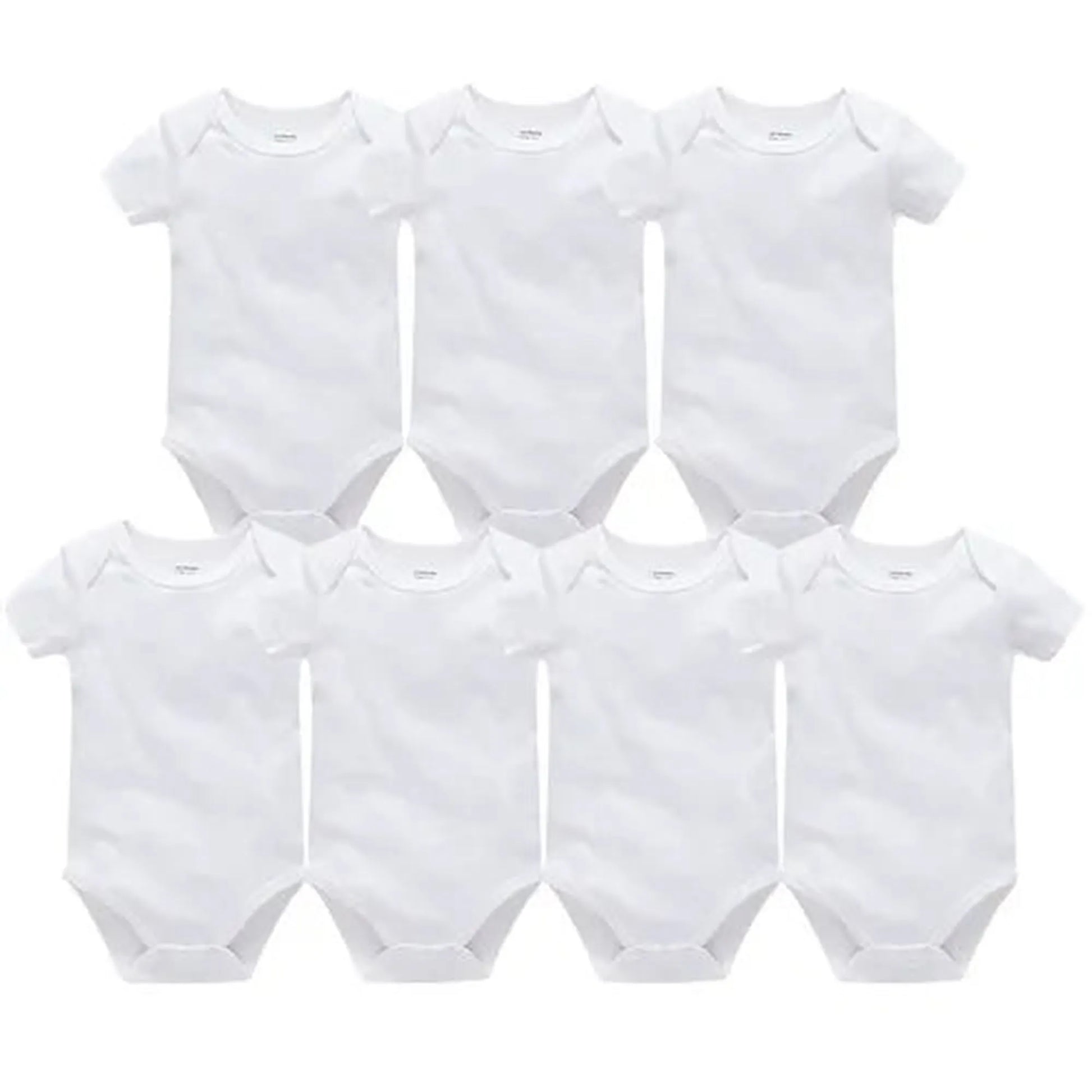 Seven white short-sleeve cotton baby bodysuits with snap closures, suitable for 0-24 months.