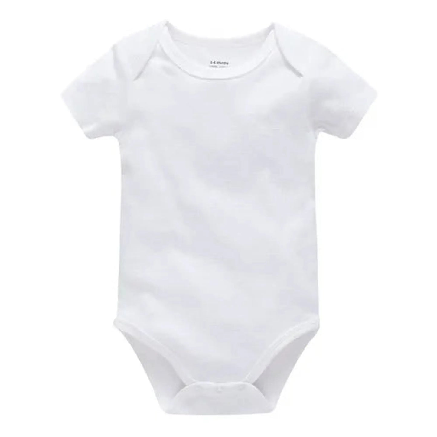 White short-sleeve cotton baby bodysuit with snap closures, perfect for 0-24 months.