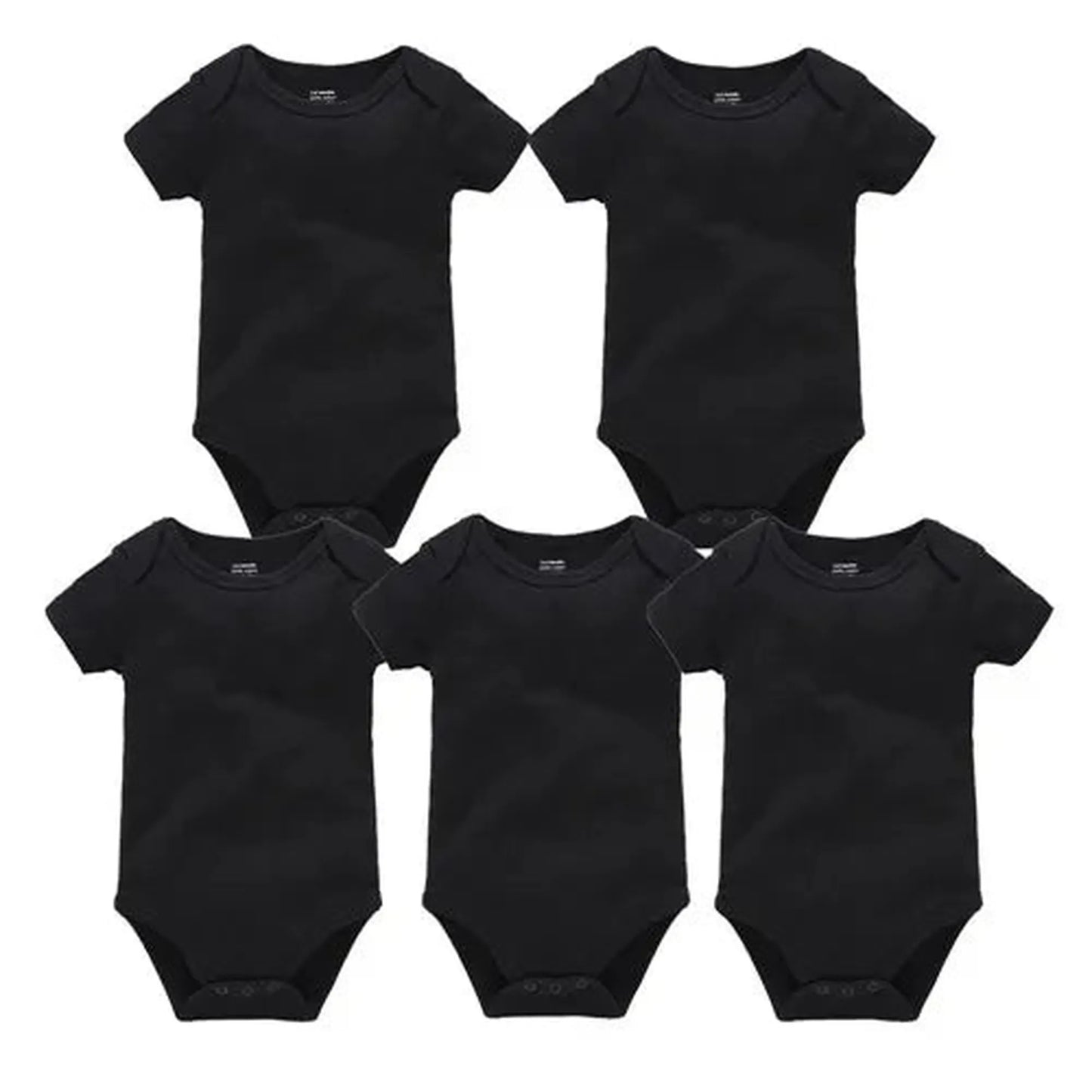 Five black short-sleeve cotton baby bodysuits with snap closures, perfect for everyday wear.