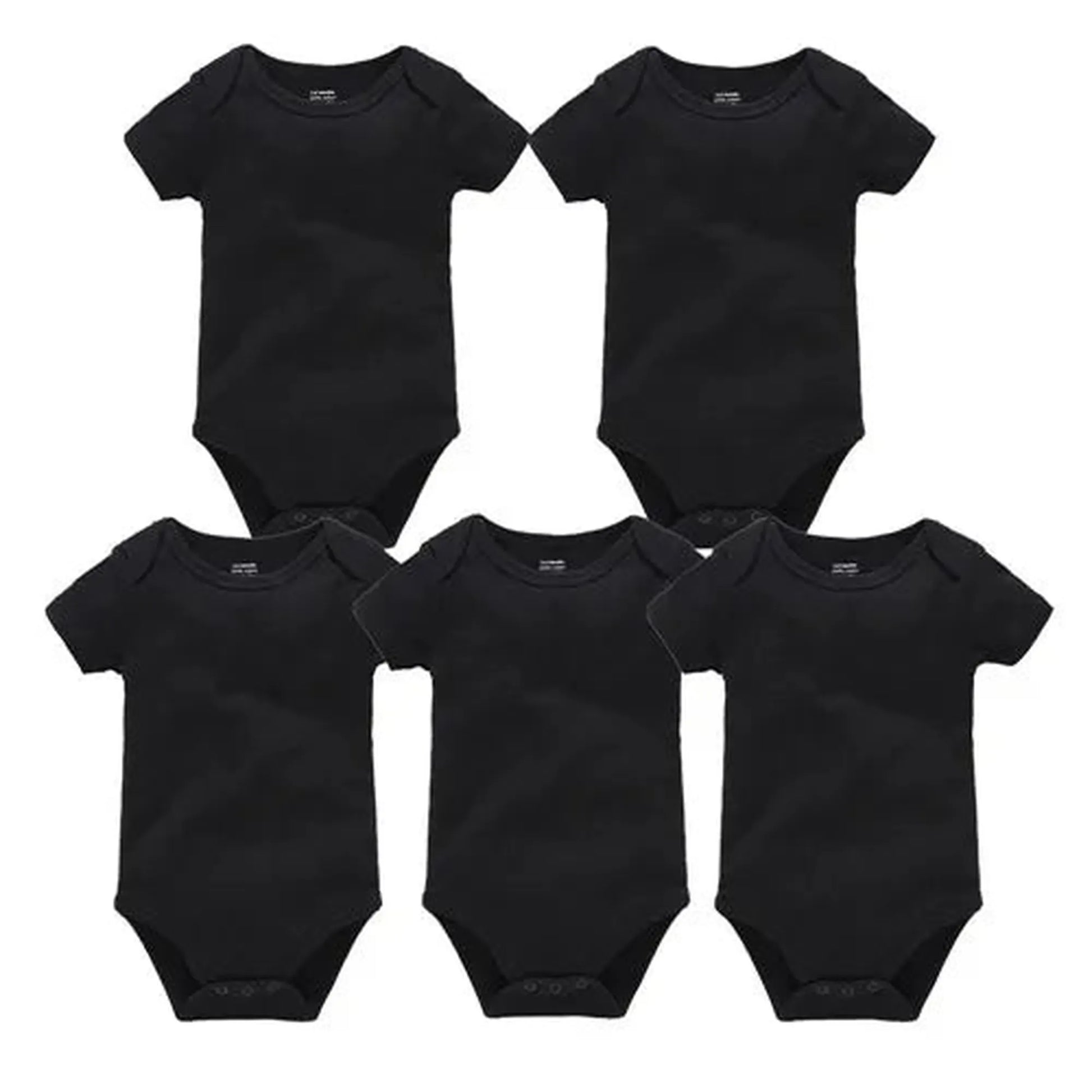 Five black short-sleeve cotton baby bodysuits with snap closures, perfect for everyday wear.