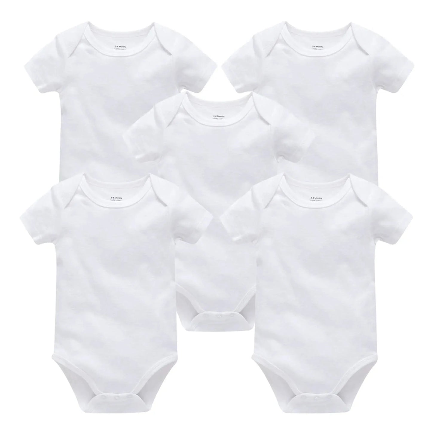 Five white short-sleeve cotton baby bodysuits with snap closures, suitable for 0-24 months.
