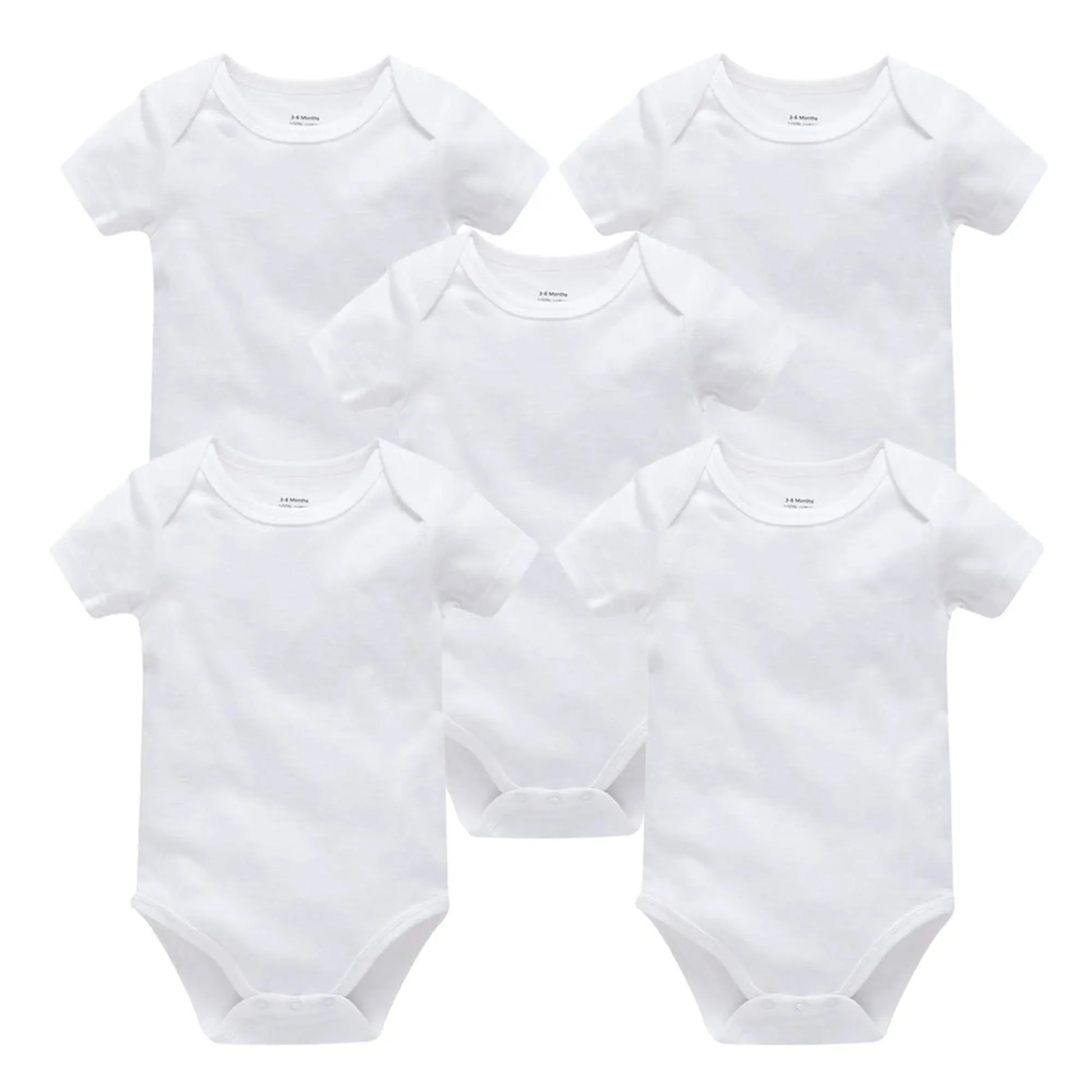 Five white short-sleeve cotton baby bodysuits with snap closures, suitable for 0-24 months.