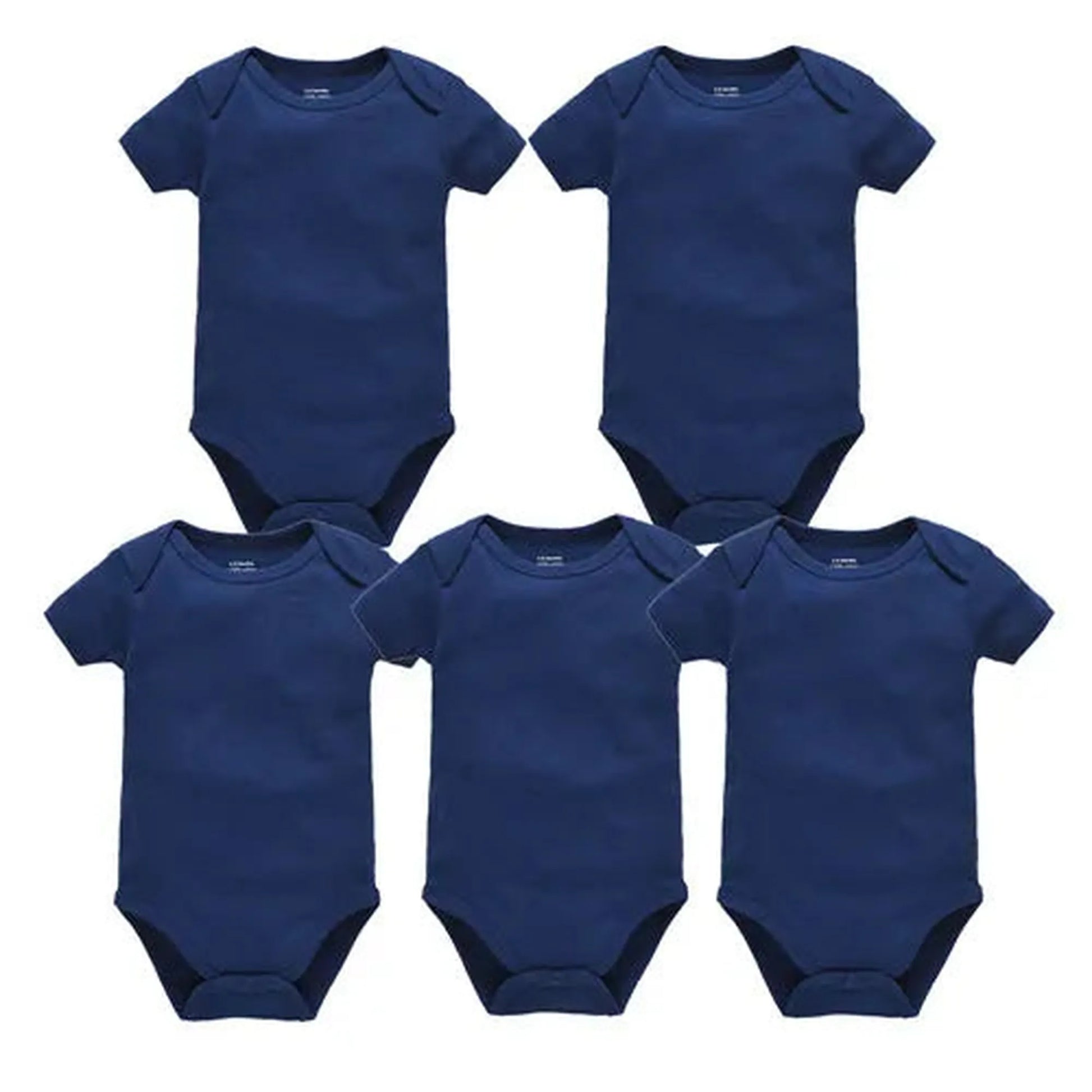 Five navy blue short-sleeve cotton baby bodysuits with snap closures, designed for comfort and breathability.