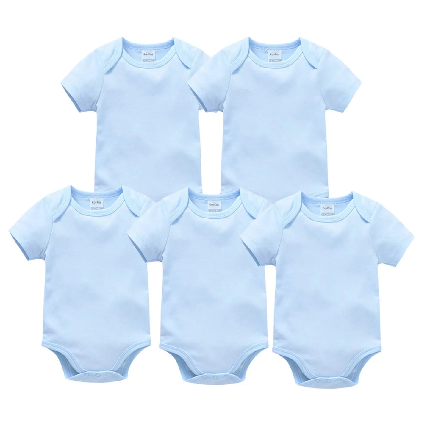 Five light blue short-sleeve cotton baby bodysuits with snap closures, neatly arranged.